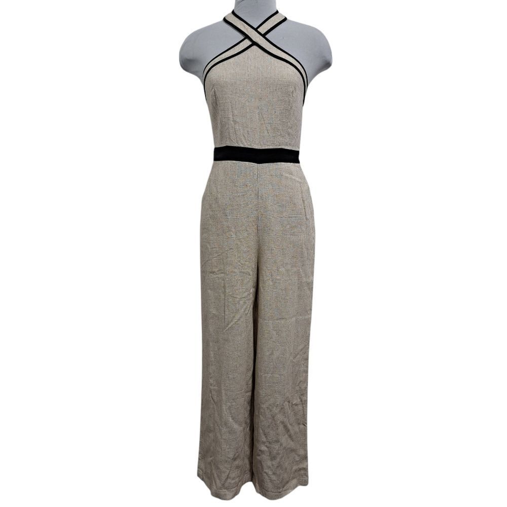 MOTF Linen Blend Backless Halter Jumpsuit Wide Leg XS Cream NWT